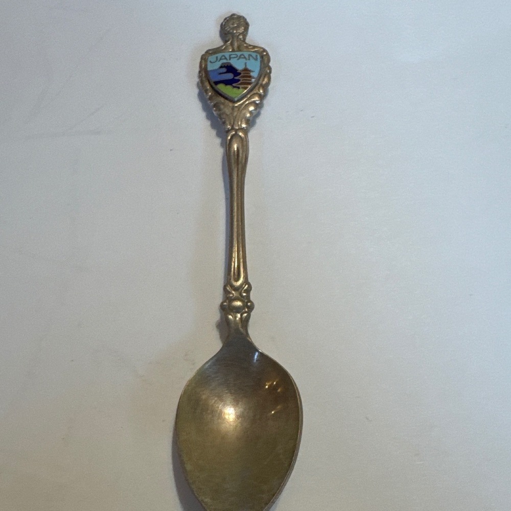 Vintage Japan Souvenir Spoon Nickel Silver Cloisonne Enamel Mt Fuji Pagoda 4.25"